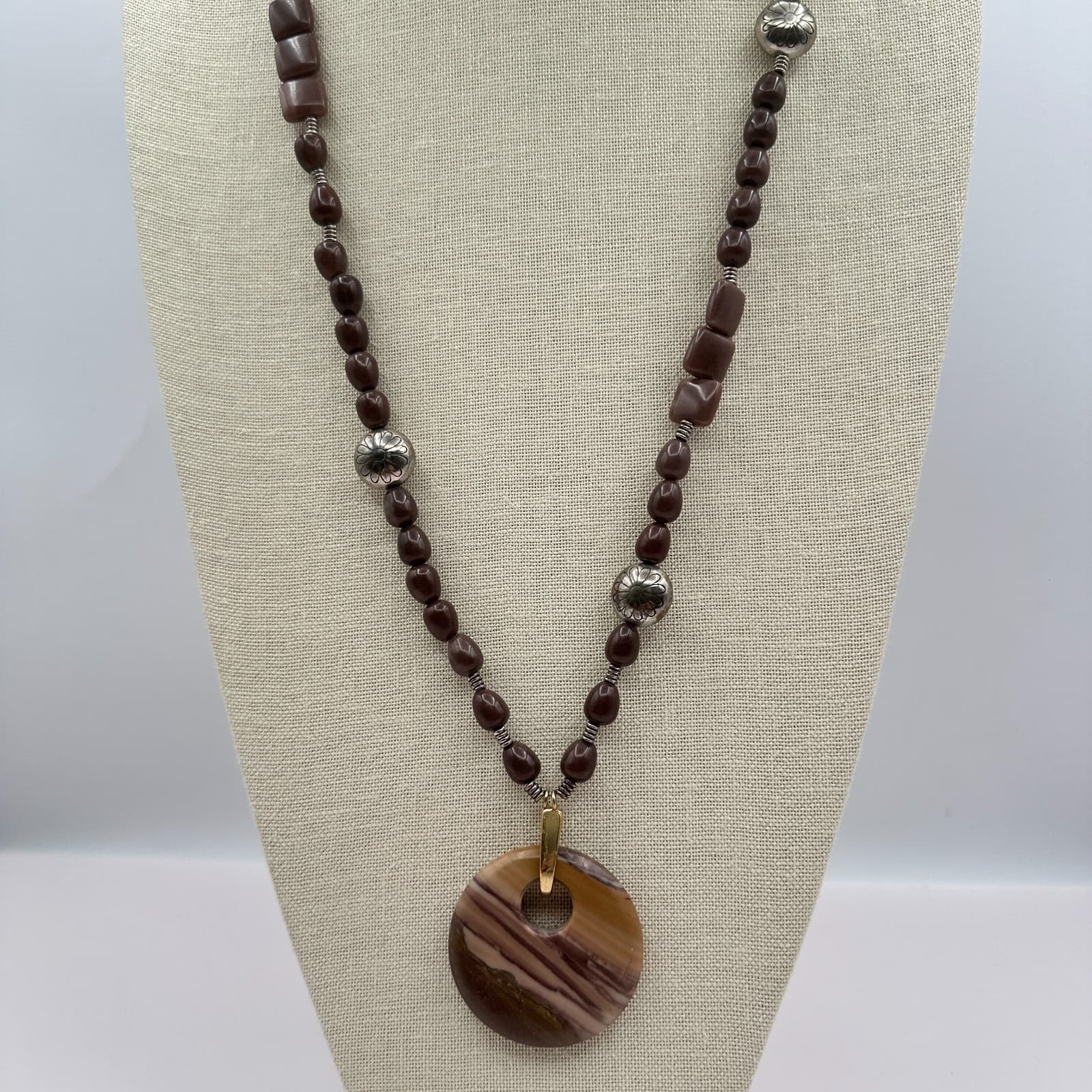 Vintage Y2K Beaded Pendant Necklace Striped Stone Boho Women's Classic Jewelry - Thumbnail 2