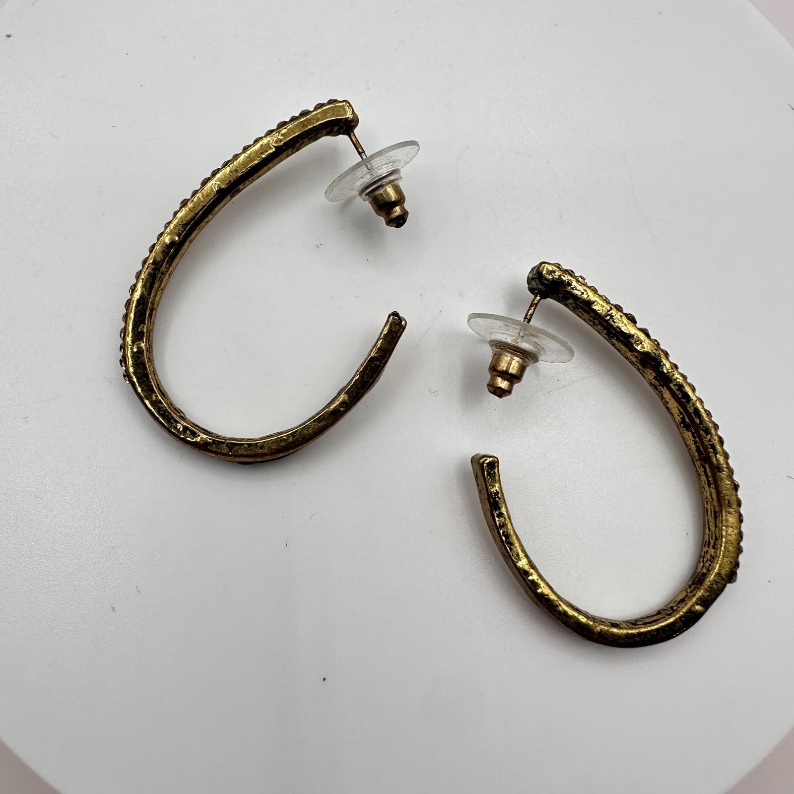 Vintage 90s Gold Tone Oval Hoop Earrings Champagne Glass Accents Style Fashion