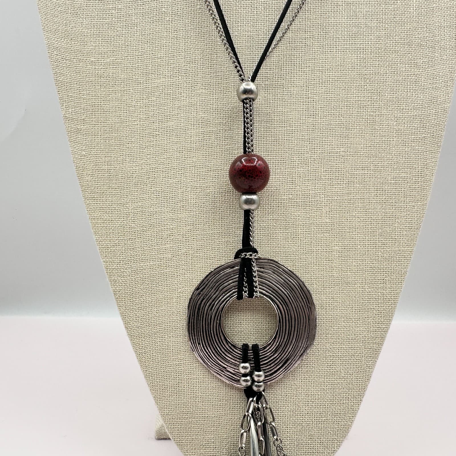 Vintage 90s Multi-Stone Tassel Statement Silver Tone Necklace Boho Fashion - Thumbnail 4