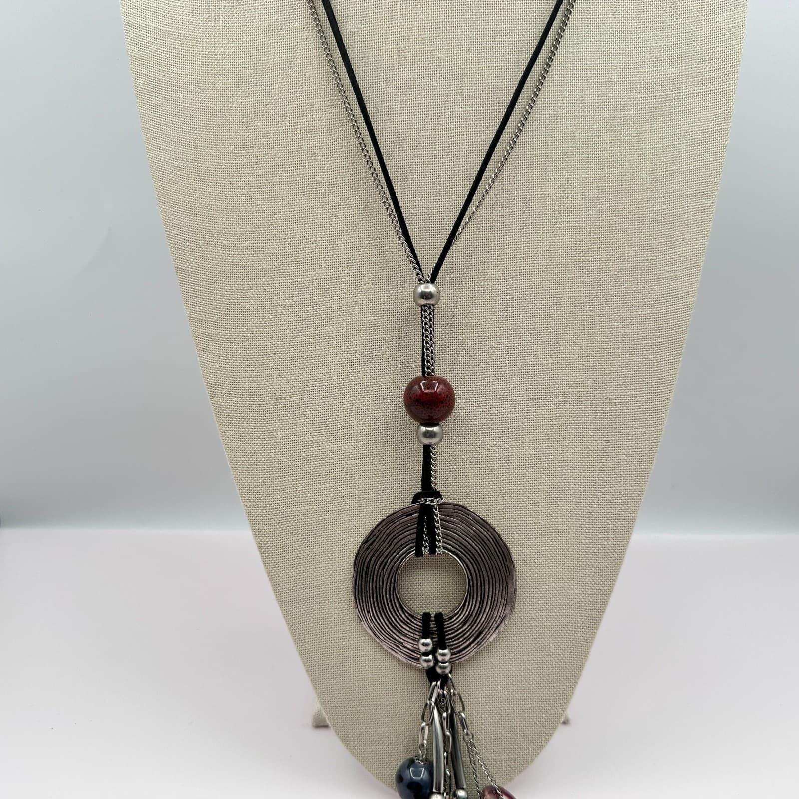 Vintage 90s Multi-Stone Tassel Statement Silver Tone Necklace Boho Fashion - Thumbnail 5