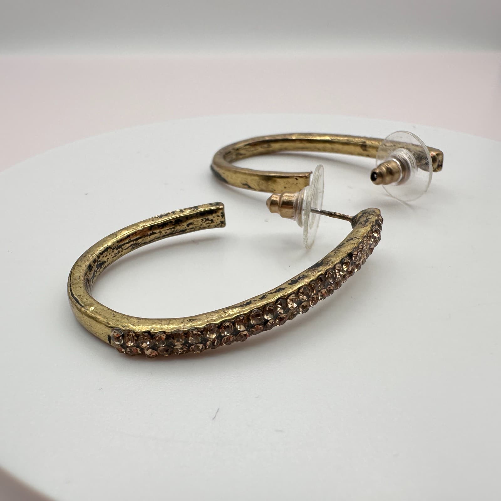 Vintage 90s Gold Tone Oval Hoop Earrings Champagne Glass Accents Style Fashion - Thumbnail 3