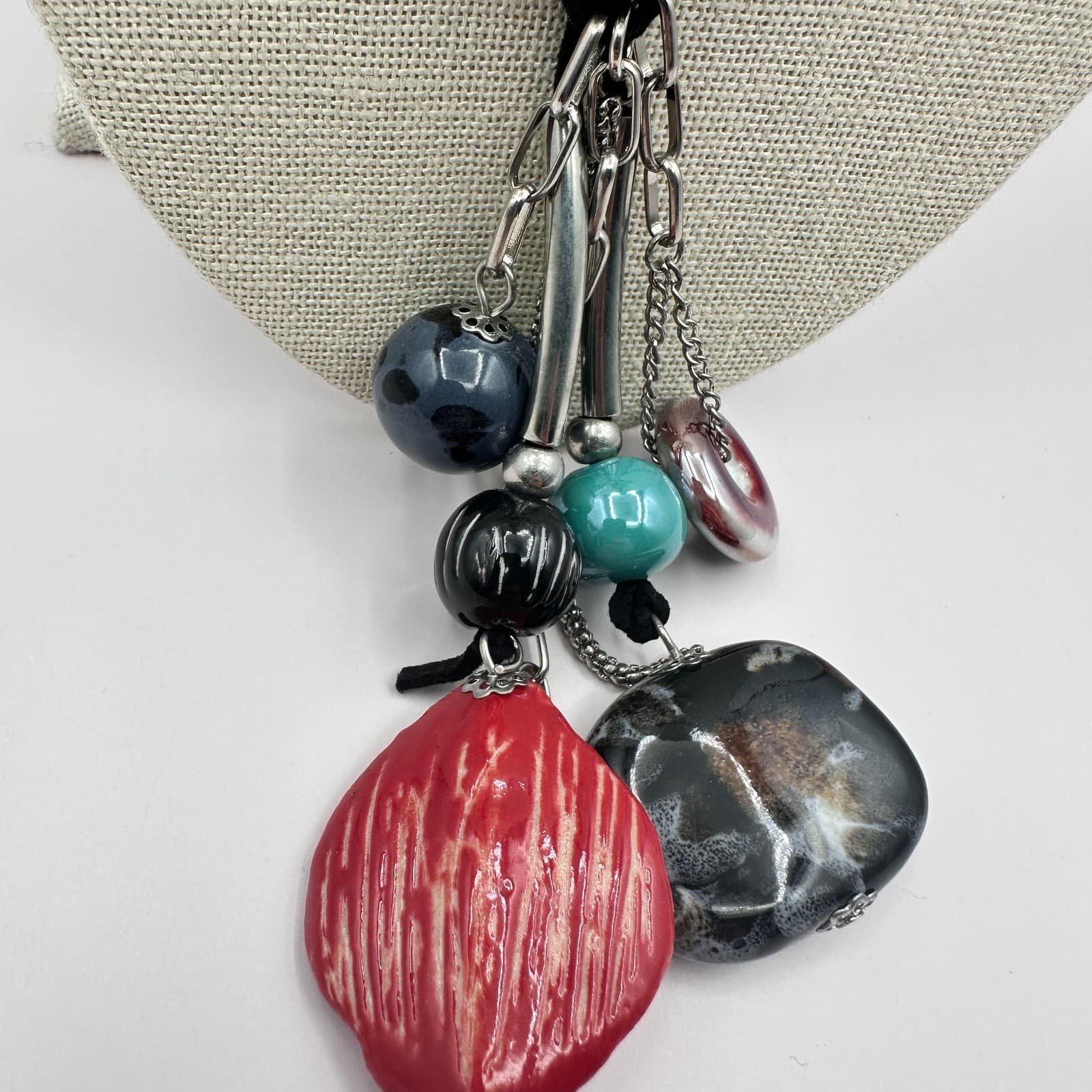 Vintage 90s Multi-Stone Tassel Statement Silver Tone Necklace Boho Fashion - Thumbnail 9
