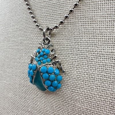 Vintage 90s Turquoise Beaded Silver Tone Ball Chain Beetle Pendant Necklace - Thumbnail 5
