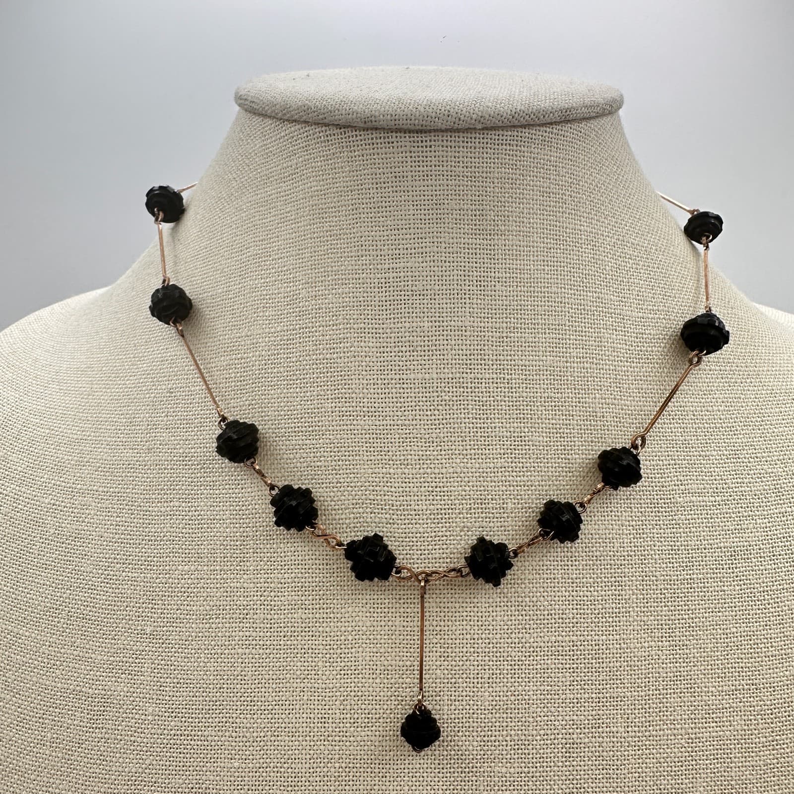 Vintage Y2K Black Carved Beaded Rose Gold-Tone Y-Necklace Women's Jewelry - Thumbnail 2