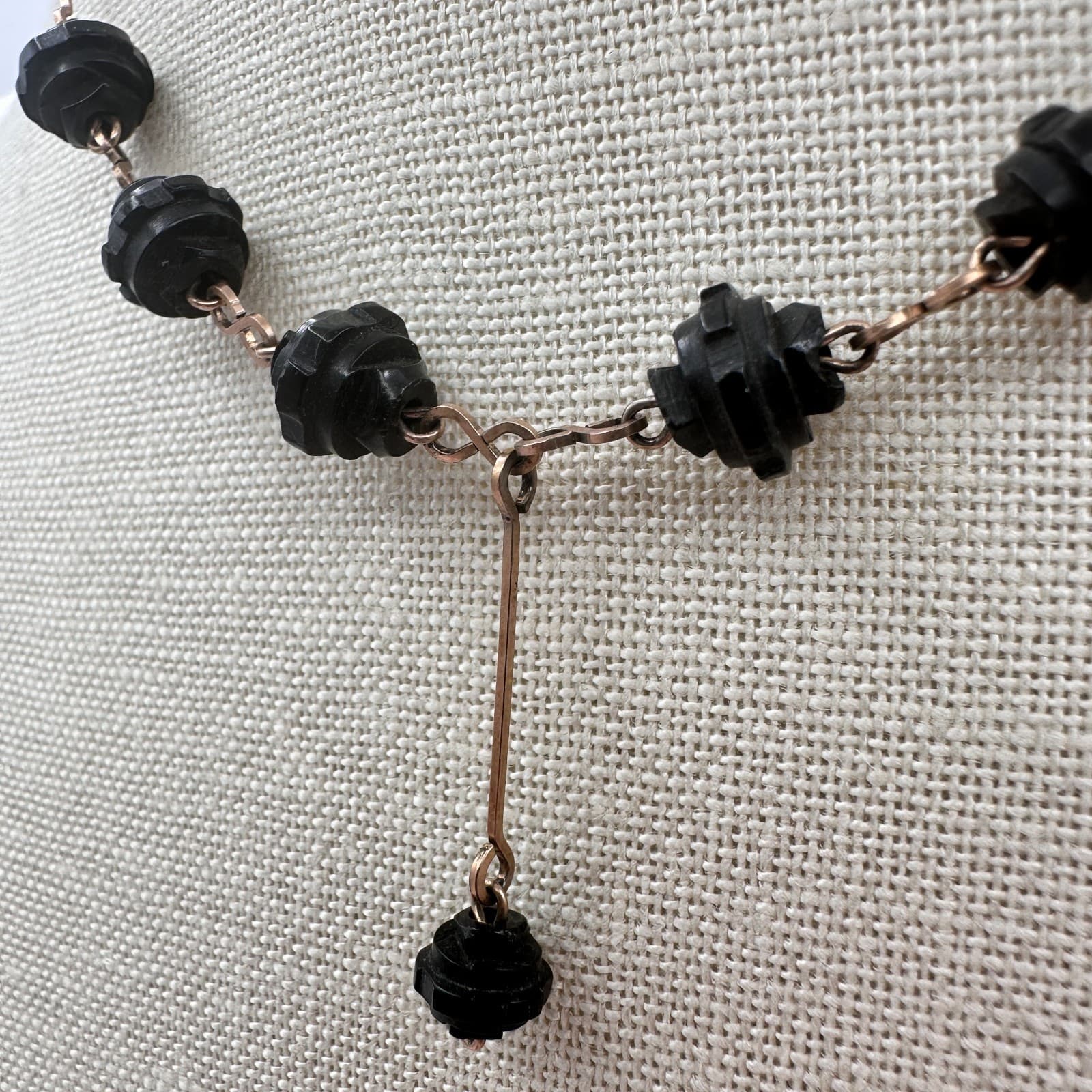 Vintage Y2K Black Carved Beaded Rose Gold-Tone Y-Necklace Women's Jewelry - Thumbnail 7