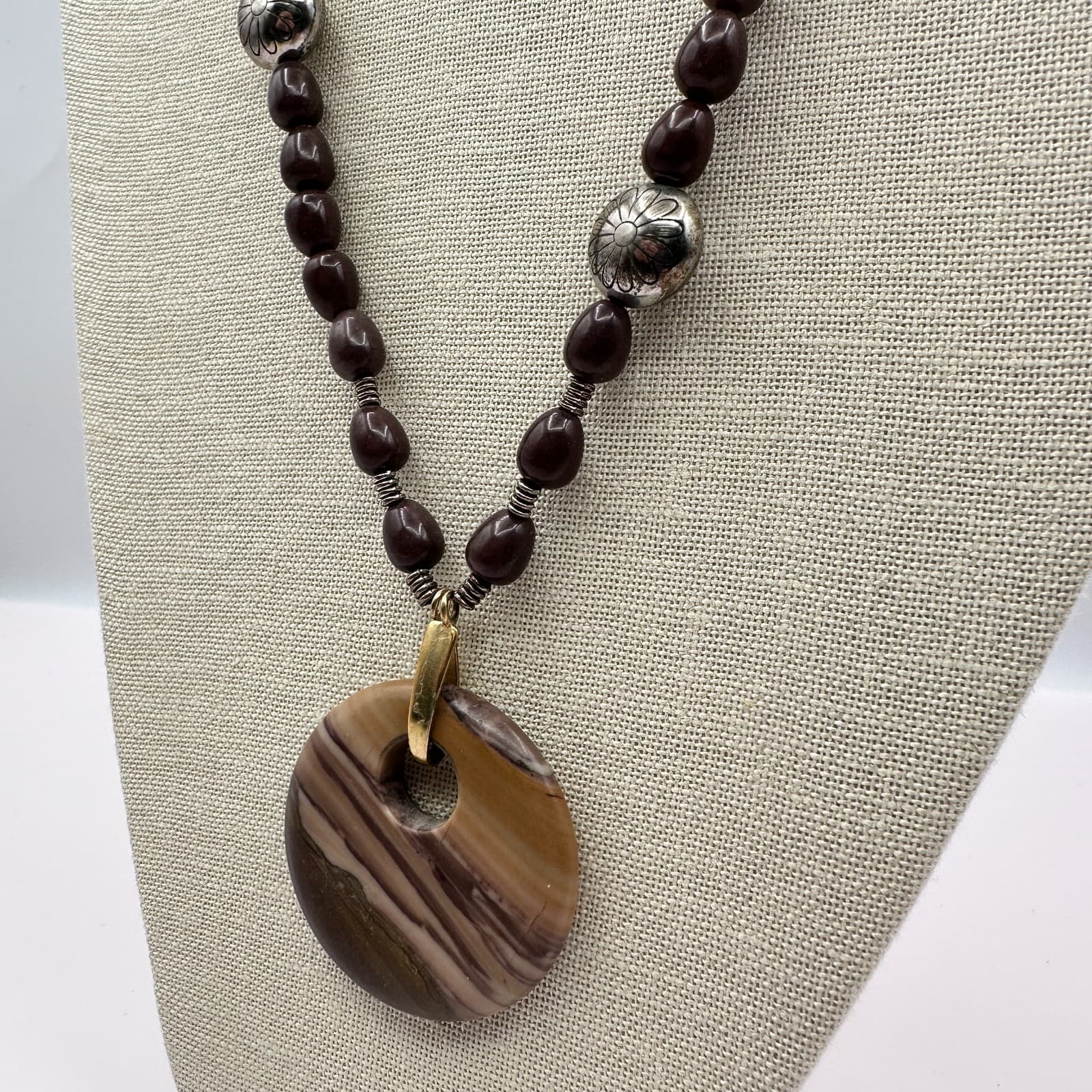 Vintage Y2K Beaded Pendant Necklace Striped Stone Boho Women's Classic Jewelry - Thumbnail 8