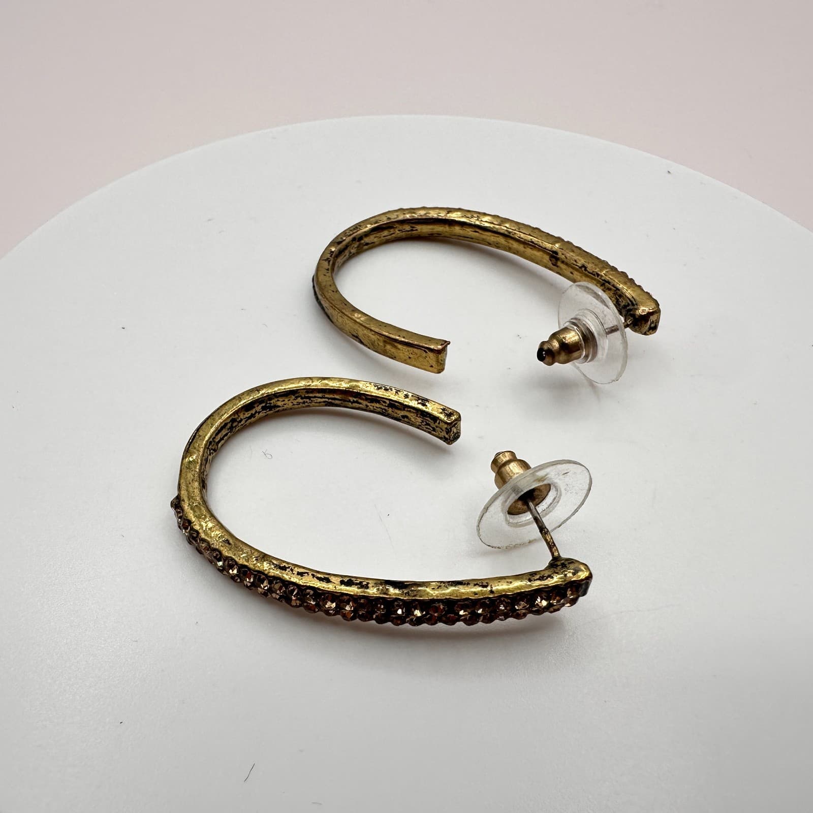 Vintage 90s Gold Tone Oval Hoop Earrings Champagne Glass Accents Style Fashion - Thumbnail 6