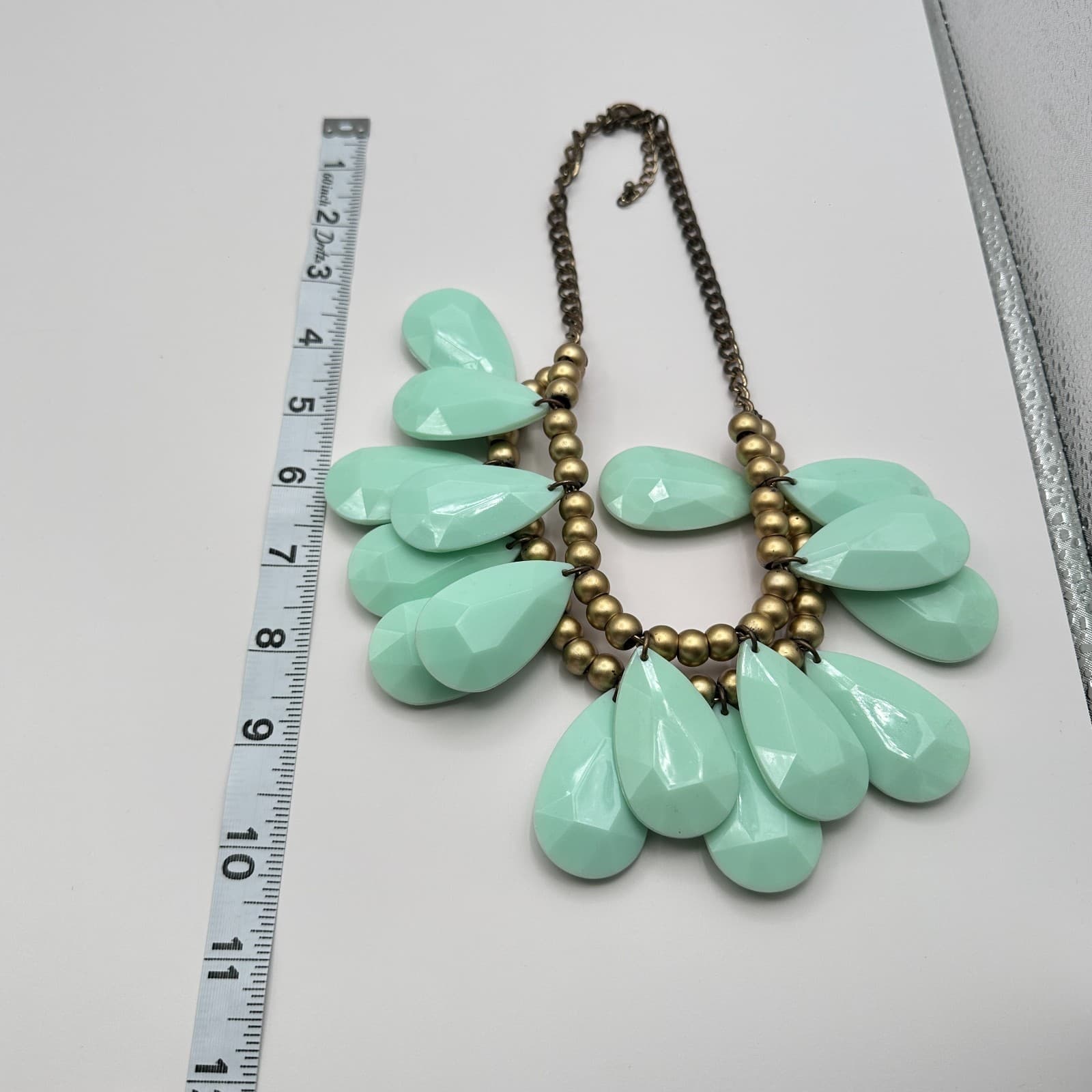 Vintage 90s Mint Green Teardrop Beaded Bib Necklace Women's Classic Jewelry - Thumbnail 11