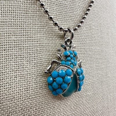 Vintage 90s Turquoise Beaded Silver Tone Ball Chain Beetle Pendant Necklace - Thumbnail 4