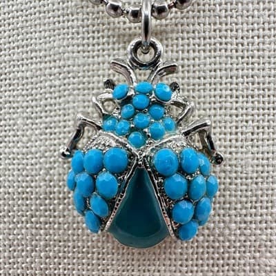 Vintage 90s Turquoise Beaded Silver Tone Ball Chain Beetle Pendant Necklace - Thumbnail 6