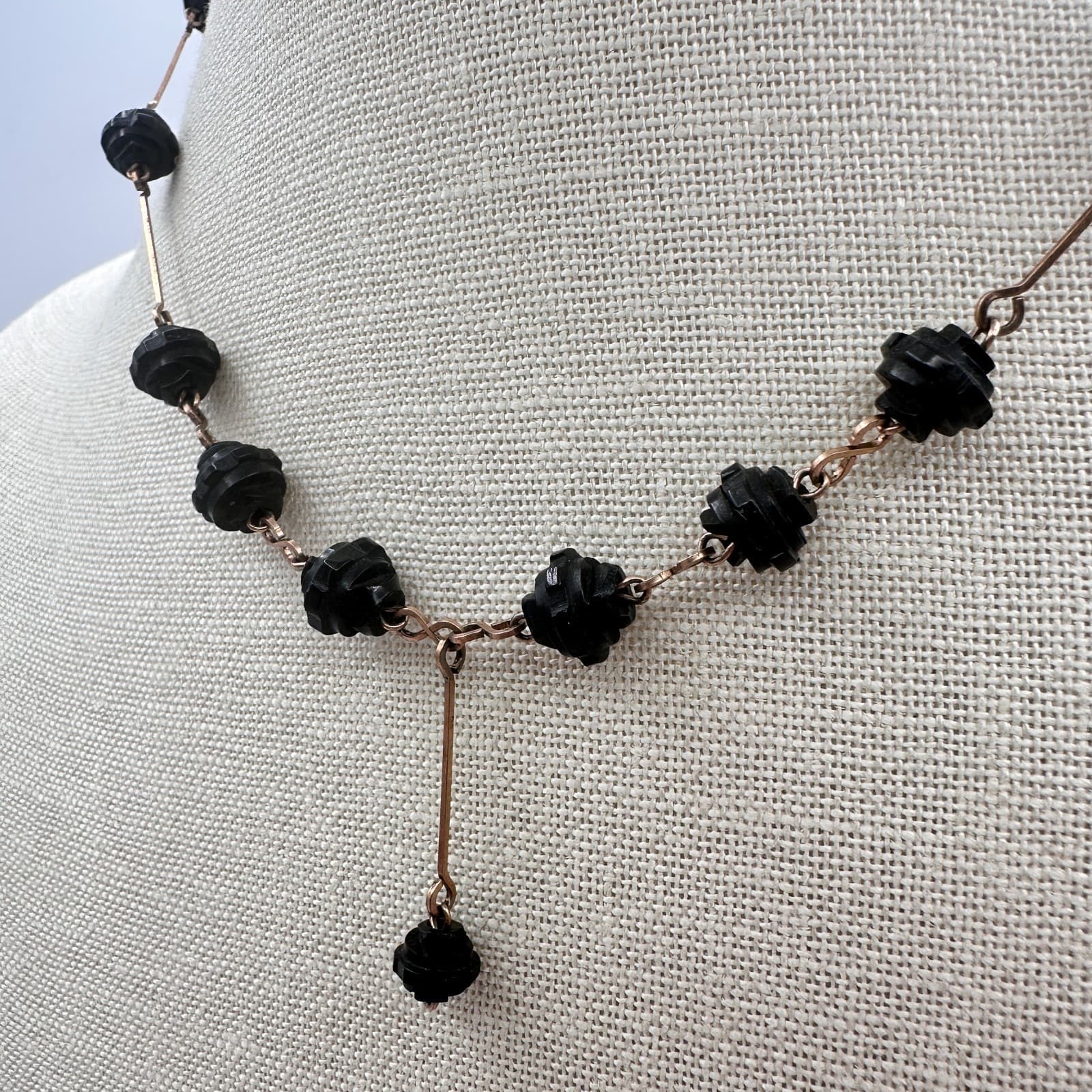Vintage Y2K Black Carved Beaded Rose Gold-Tone Y-Necklace Women's Jewelry - Thumbnail 6