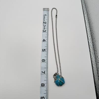 Vintage 90s Turquoise Beaded Silver Tone Ball Chain Beetle Pendant Necklace - Thumbnail 9