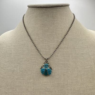 Vintage 90s Turquoise Beaded Silver Tone Ball Chain Beetle Pendant Necklace - Thumbnail 7