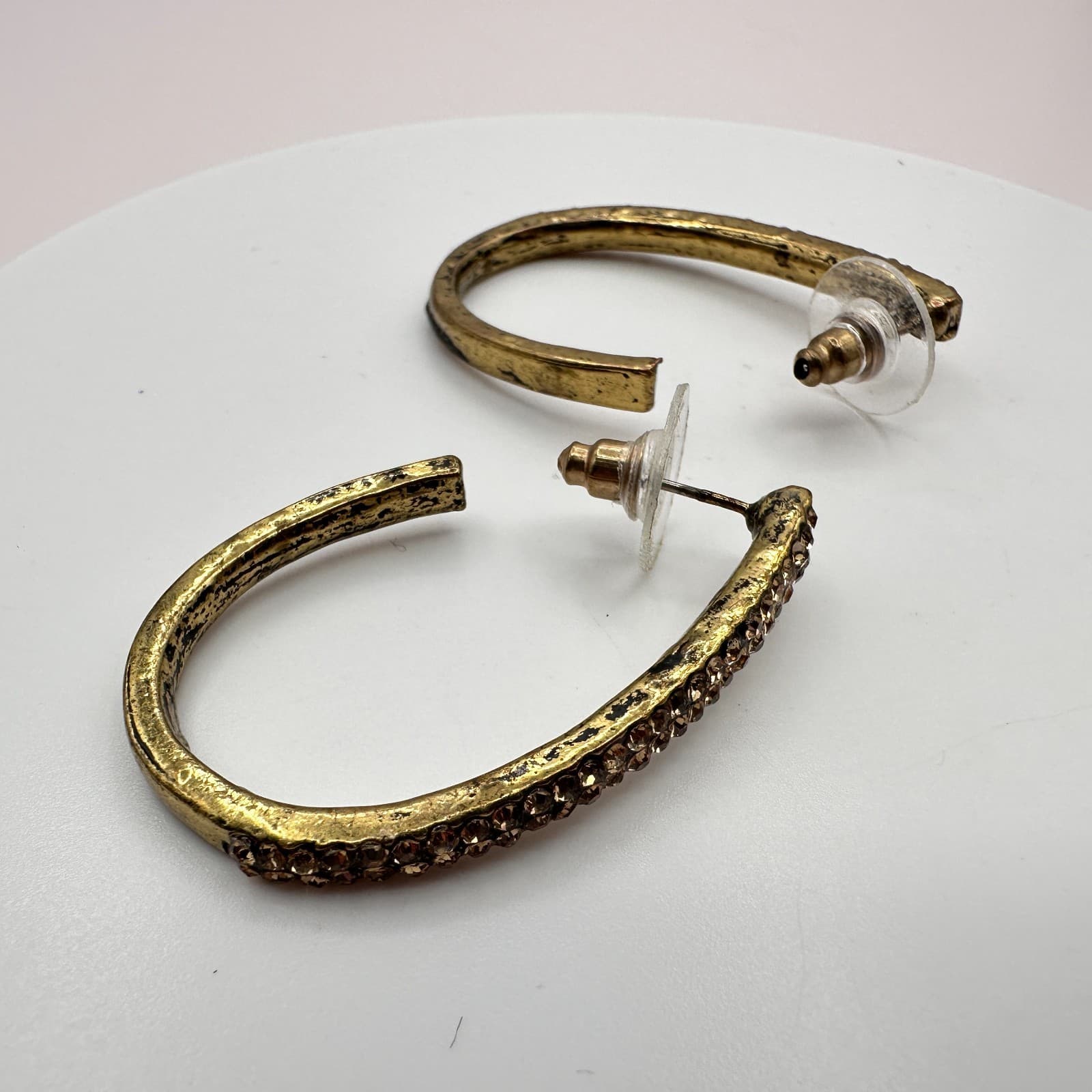 Vintage 90s Gold Tone Oval Hoop Earrings Champagne Glass Accents Style Fashion - Thumbnail 4