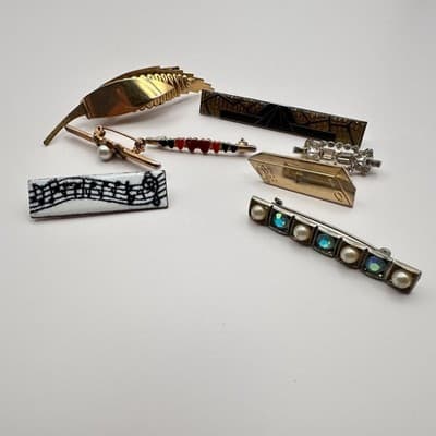 VTG 60s AB Glass Faux Pearl Bar Brooch Pins Set Silver Tone Mid-Century Fashion - Thumbnail 2