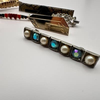 VTG 60s AB Glass Faux Pearl Bar Brooch Pins Set Silver Tone Mid-Century Fashion - Thumbnail 3