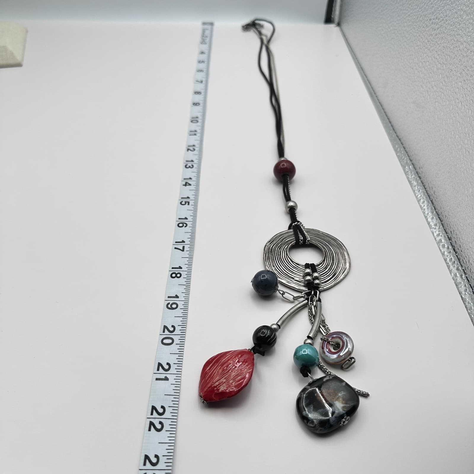 Vintage 90s Multi-Stone Tassel Statement Silver Tone Necklace Boho Fashion - Thumbnail 10