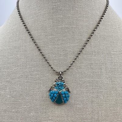 Vintage 90s Turquoise Beaded Silver Tone Ball Chain Beetle Pendant Necklace - Thumbnail 2