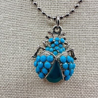 Vintage 90s Turquoise Beaded Silver Tone Ball Chain Beetle Pendant Necklace - Thumbnail 3