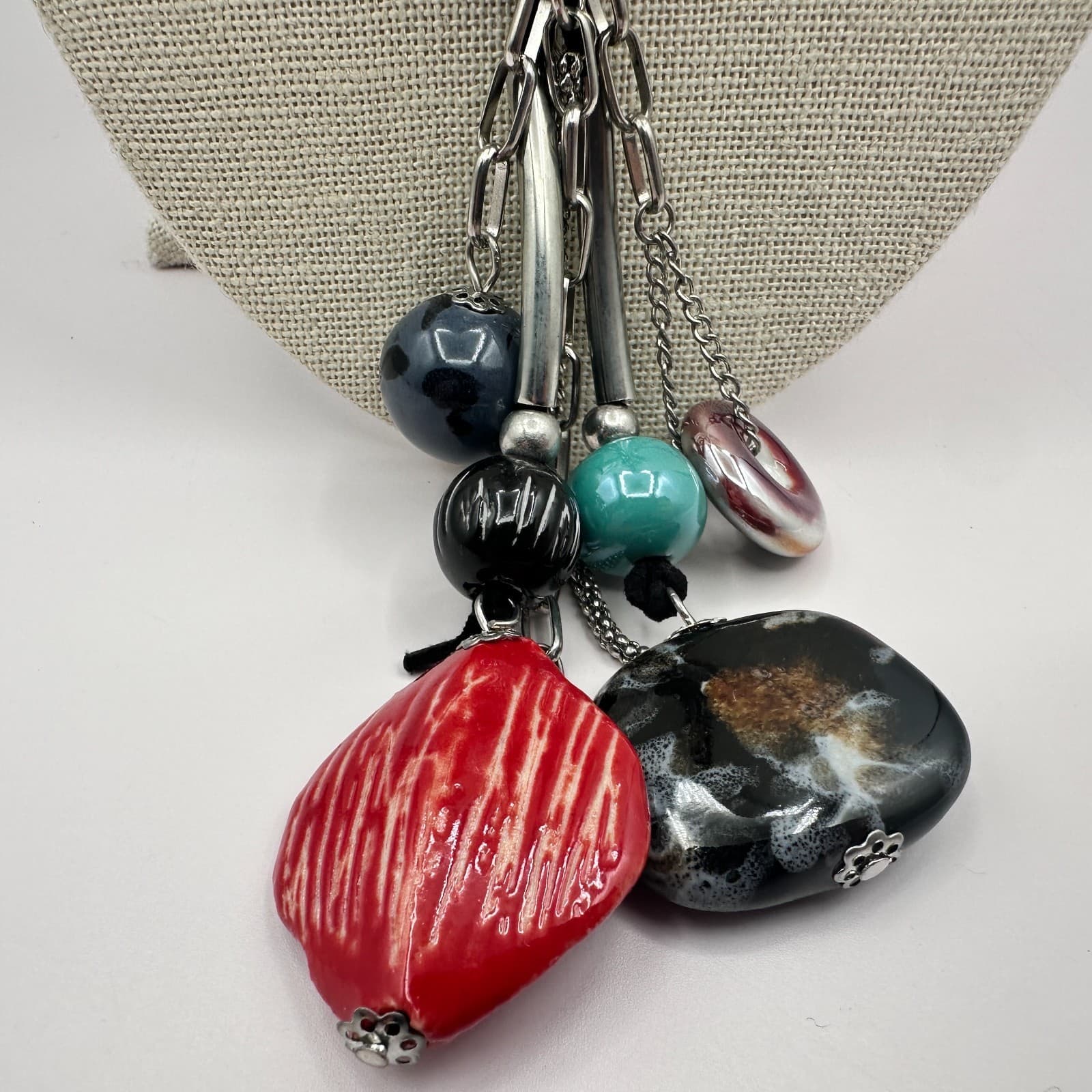 Vintage 90s Multi-Stone Tassel Statement Silver Tone Necklace Boho Fashion - Thumbnail 2