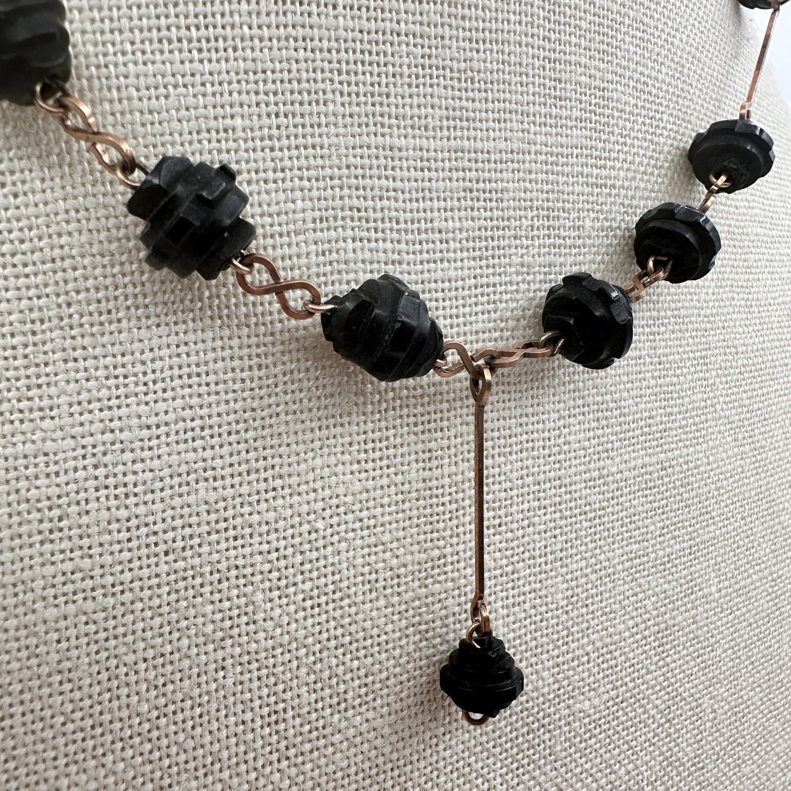 Vintage Y2K Black Carved Beaded Rose Gold-Tone Y-Necklace Women's Jewelry - Thumbnail 5