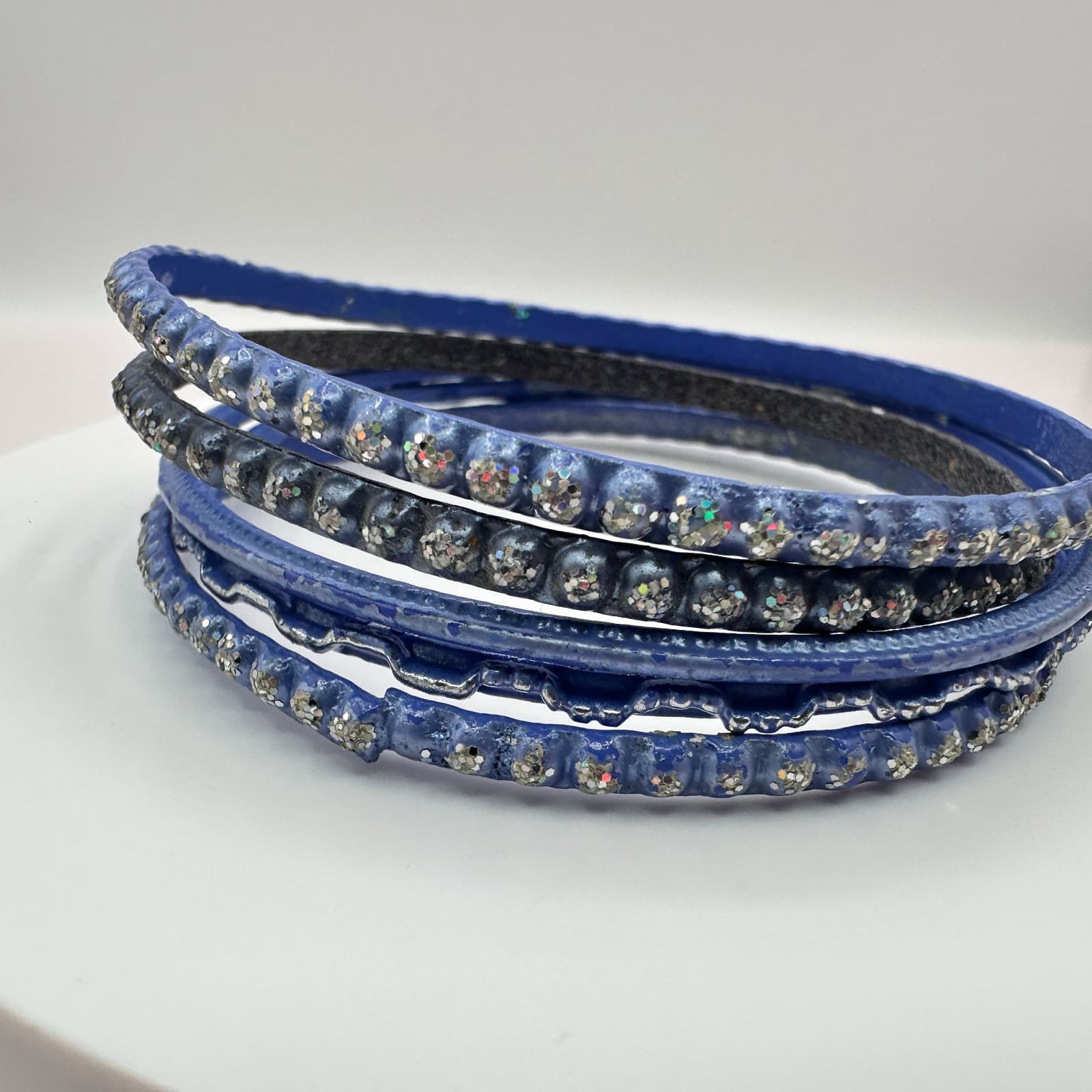 Vintage 90s Blue Glitter Bangles Set Boho Fashion Women's Costume Jewelry - Thumbnail 2