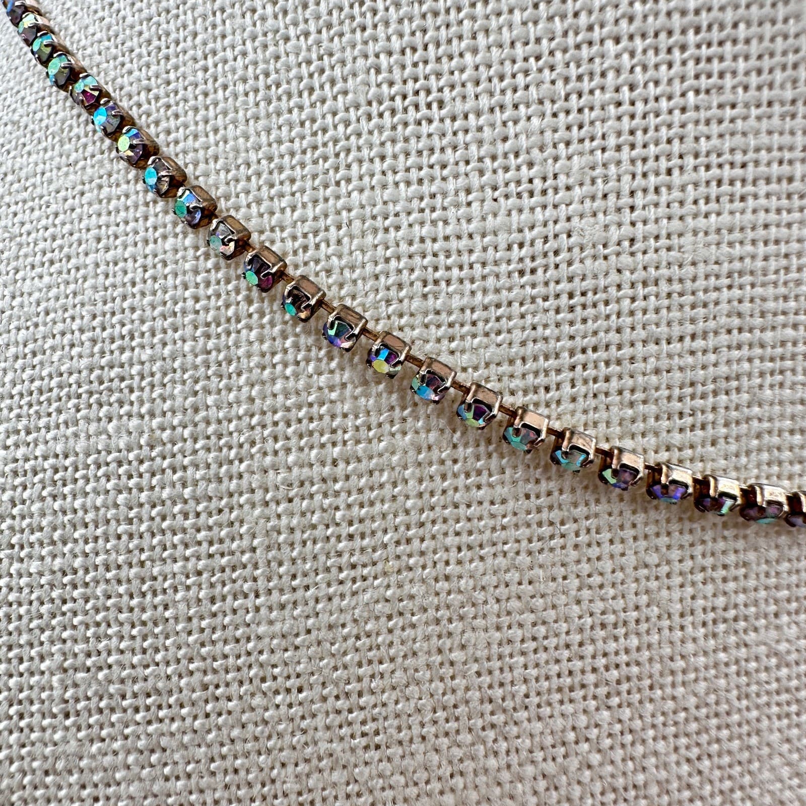 Vintage 90s Aurora Borealis Rhinestone Choker Necklace Gold Tone Iridescent - Thumbnail 3