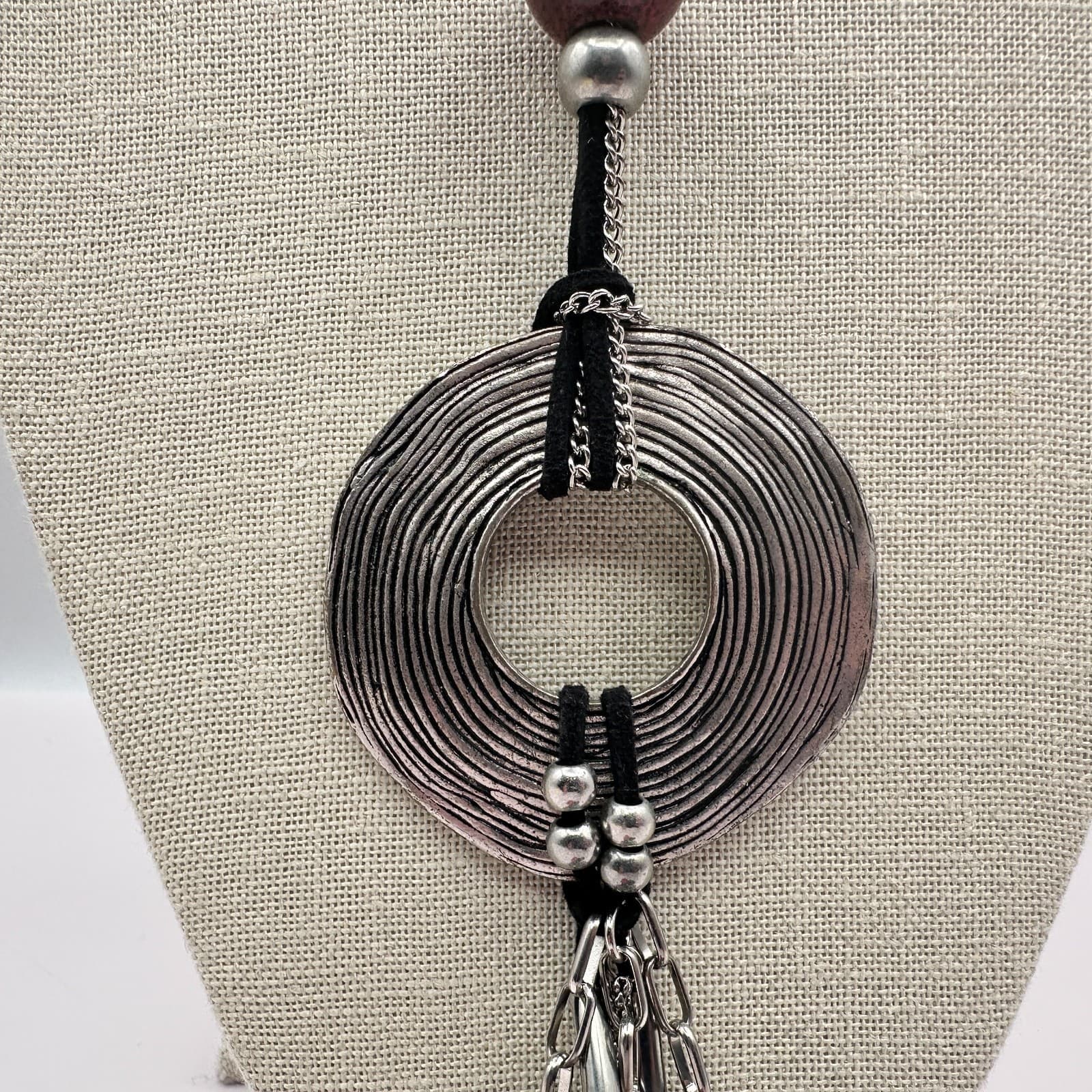 Vintage 90s Multi-Stone Tassel Statement Silver Tone Necklace Boho Fashion - Thumbnail 3