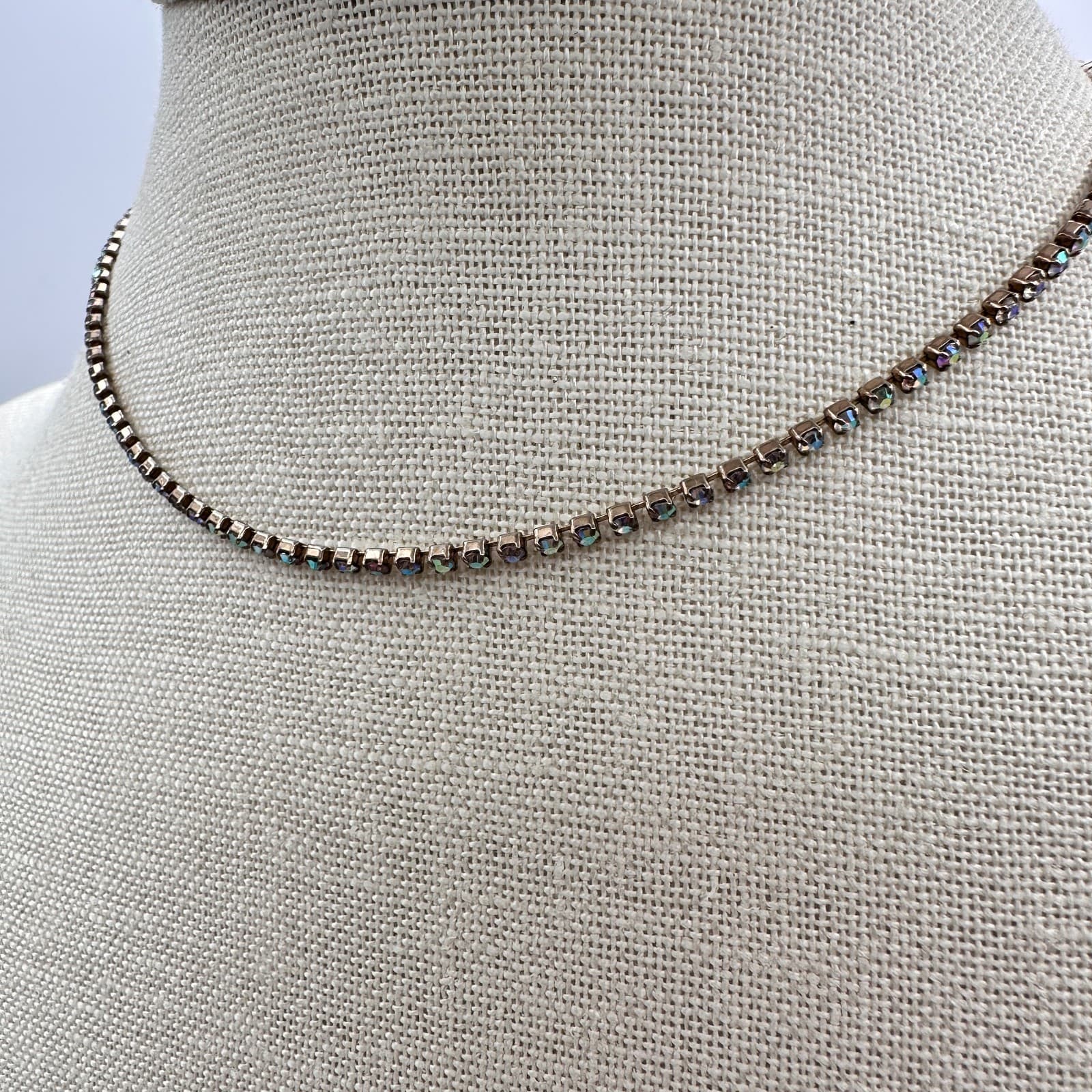 Vintage 90s Aurora Borealis Rhinestone Choker Necklace Gold Tone Iridescent - Thumbnail 6