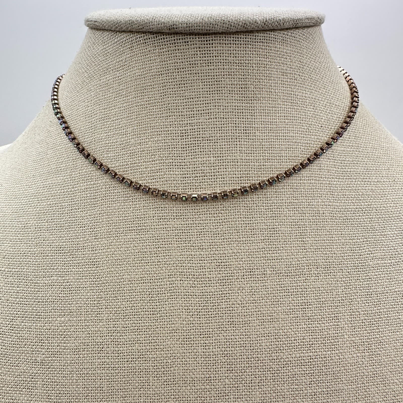 Vintage 90s Aurora Borealis Rhinestone Choker Necklace Gold Tone Iridescent