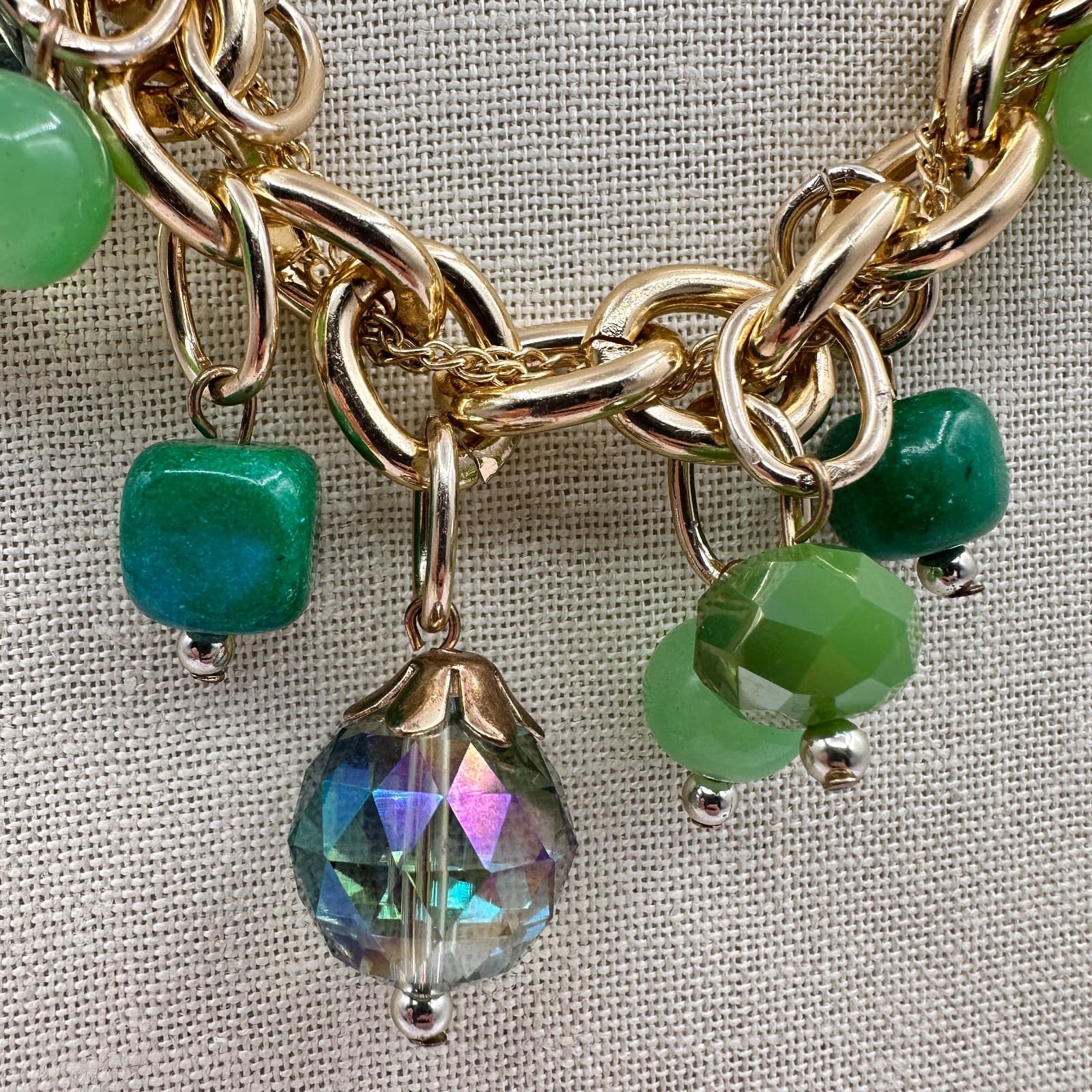 Vintage Y2K Green Beaded Crub Chain Necklace Gold Tone Women's Jewelry - Thumbnail 5