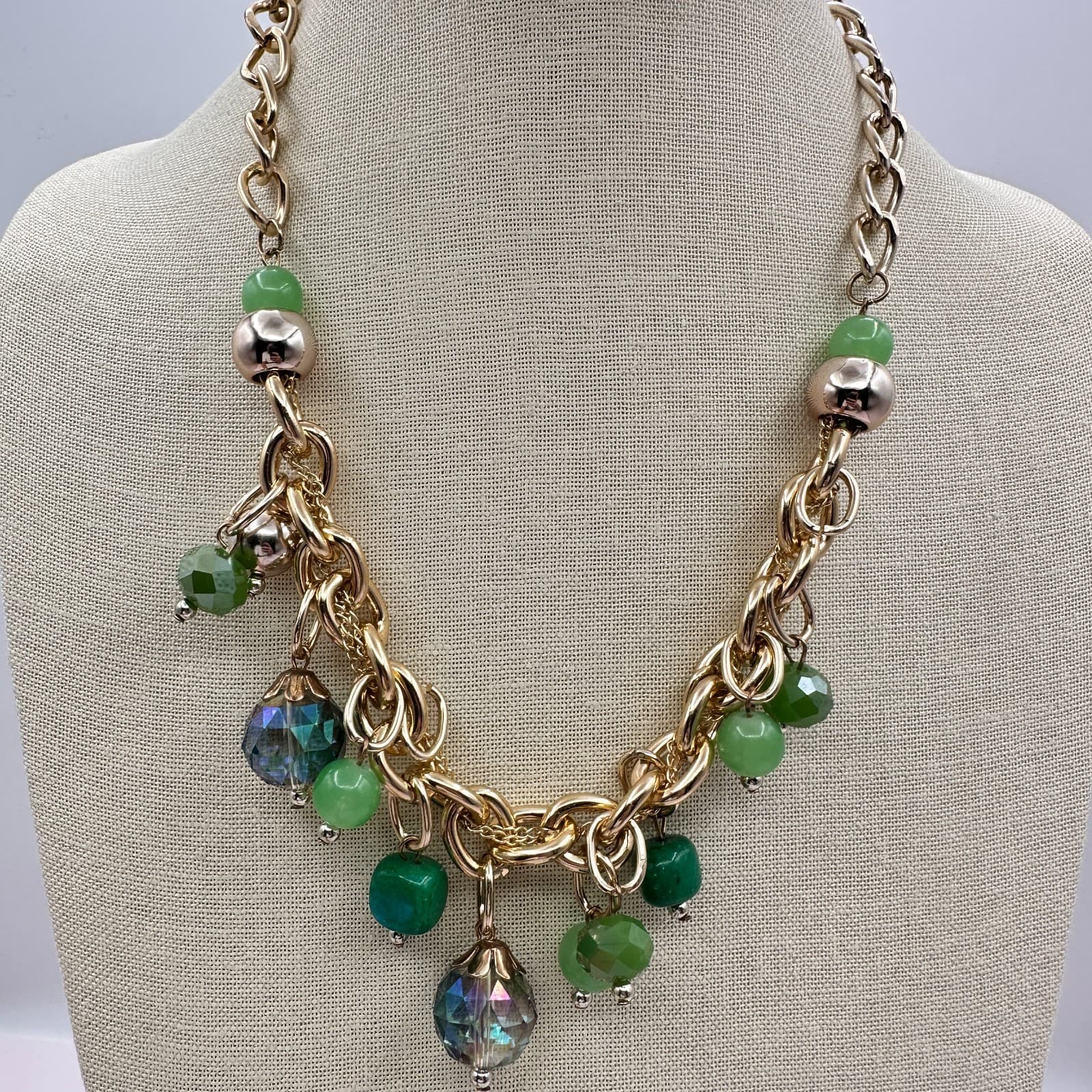 Vintage Y2K Green Beaded Crub Chain Necklace Gold Tone Women's Jewelry - Thumbnail 8