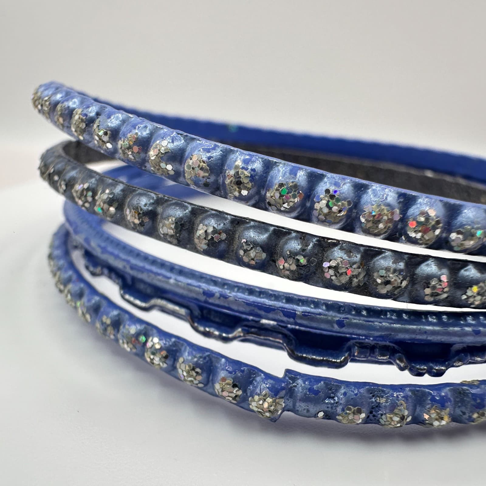 Vintage 90s Blue Glitter Bangles Set Boho Fashion Women's Costume Jewelry - Thumbnail 3