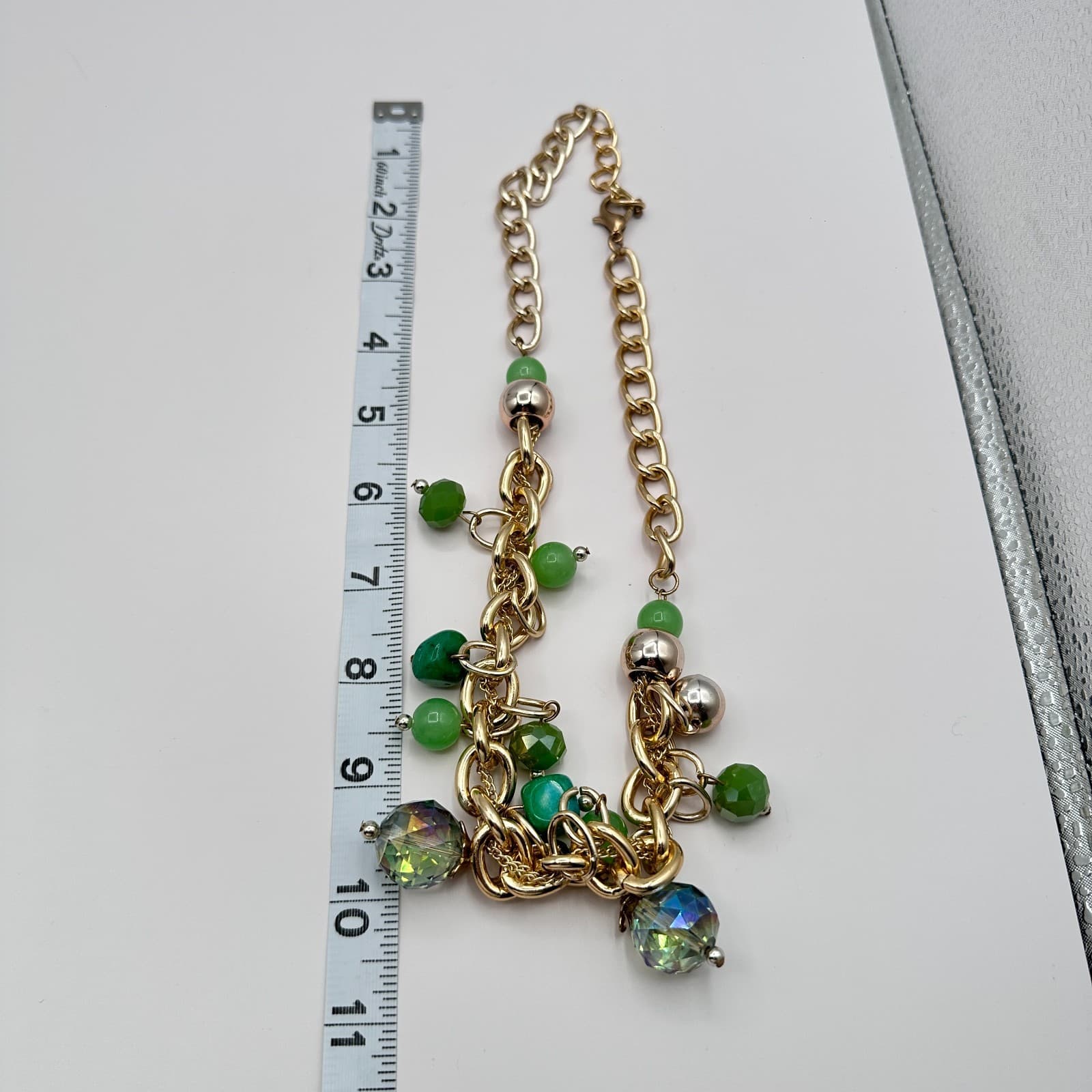 Vintage Y2K Green Beaded Crub Chain Necklace Gold Tone Women's Jewelry - Thumbnail 10