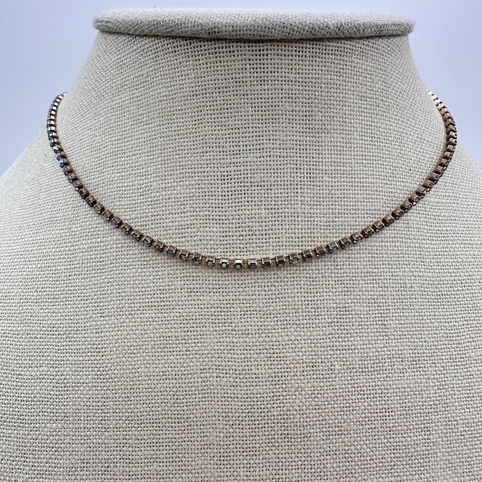 Vintage 90s Aurora Borealis Rhinestone Choker Necklace Gold Tone Iridescent - Thumbnail 2