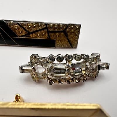 VTG 60s AB Glass Faux Pearl Bar Brooch Pins Set Silver Tone Mid-Century Fashion - Thumbnail 9