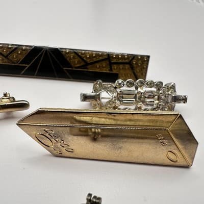 VTG 60s AB Glass Faux Pearl Bar Brooch Pins Set Silver Tone Mid-Century Fashion - Thumbnail 8