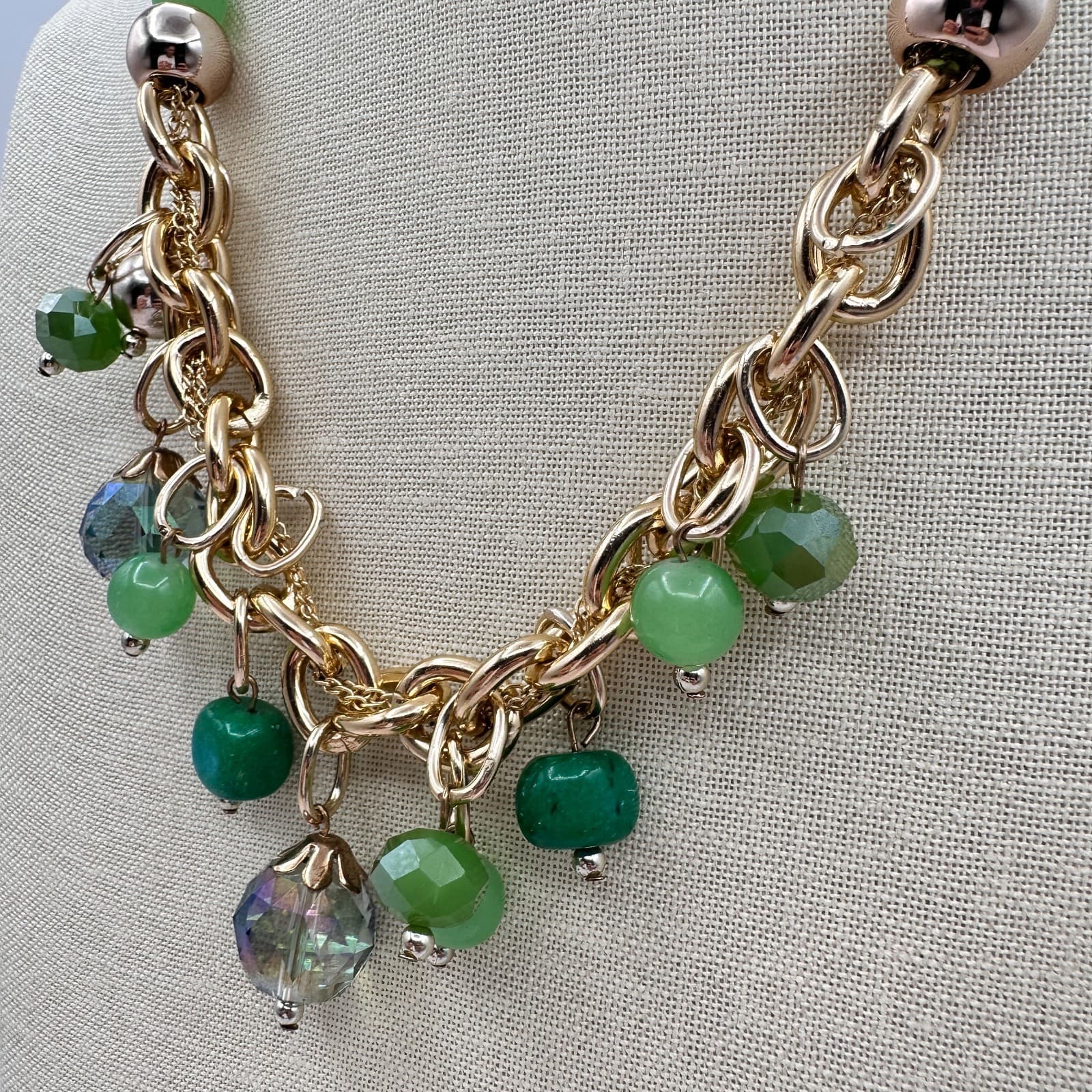 Vintage Y2K Green Beaded Crub Chain Necklace Gold Tone Women's Jewelry - Thumbnail 6