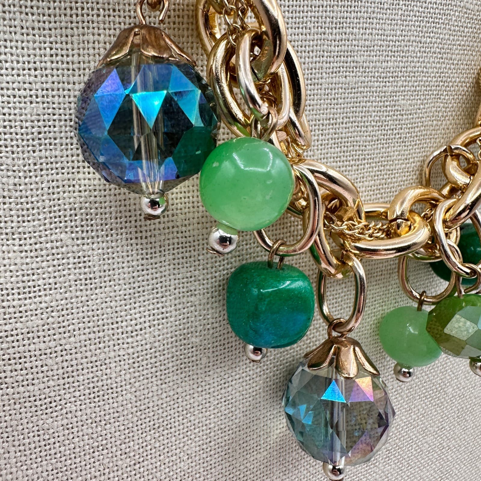 Vintage Y2K Green Beaded Crub Chain Necklace Gold Tone Women's Jewelry - Thumbnail 4
