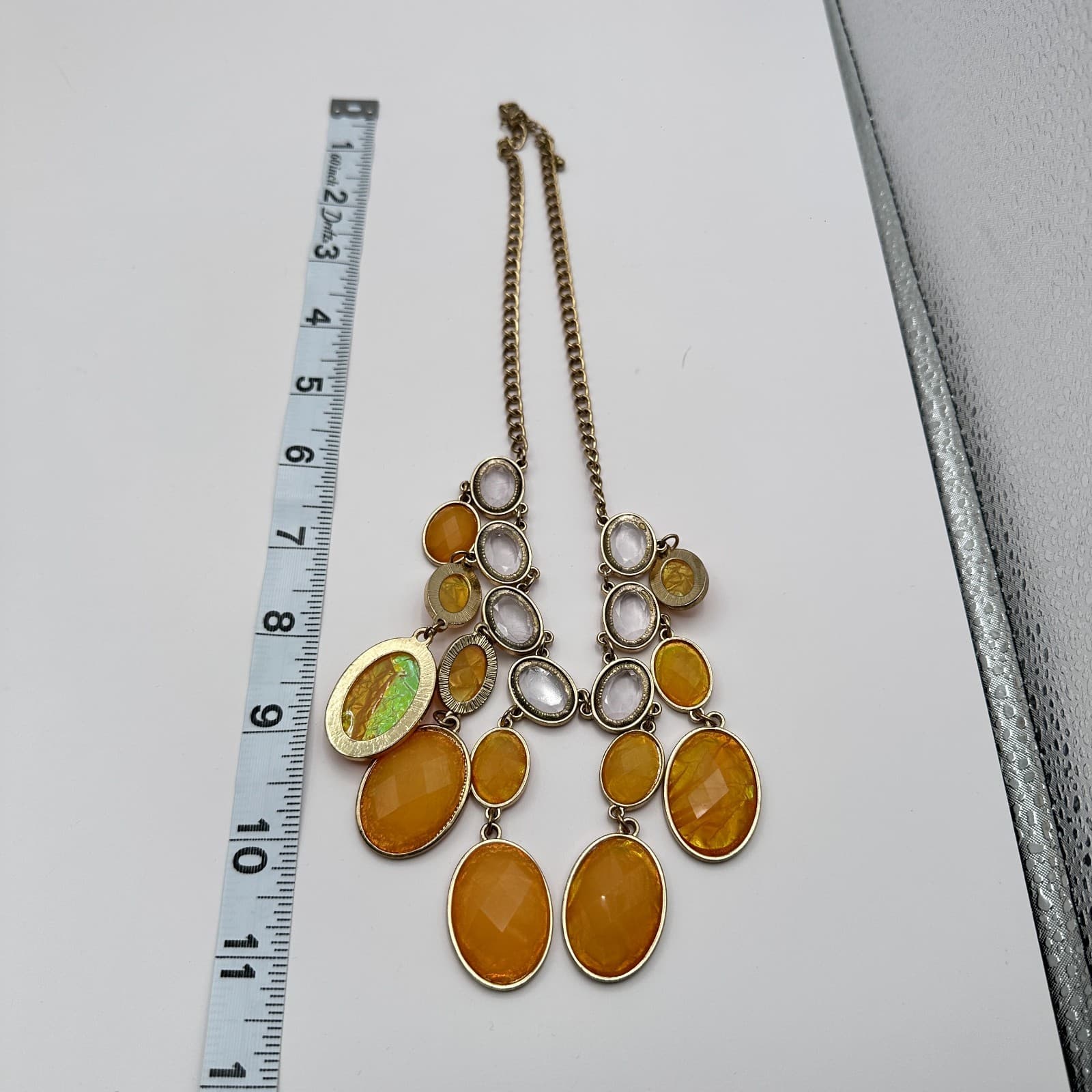 Vintage 90s Gold Tone Orange Clear Glass Bib Statement Necklace Boho Jewelry - Thumbnail 9