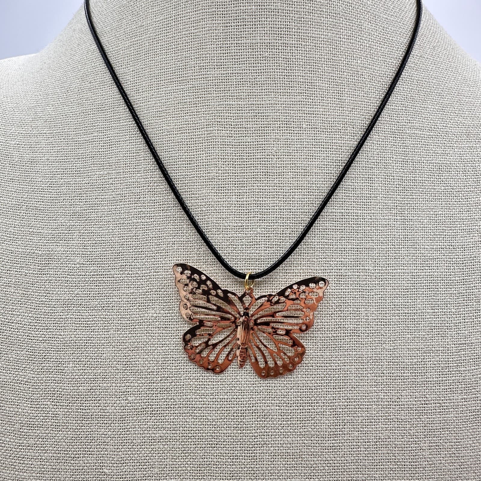 Vintage 90s Gold Tone Butterfly Pendant Necklace Black Cord Boho Fashion Jewelry - Thumbnail 2