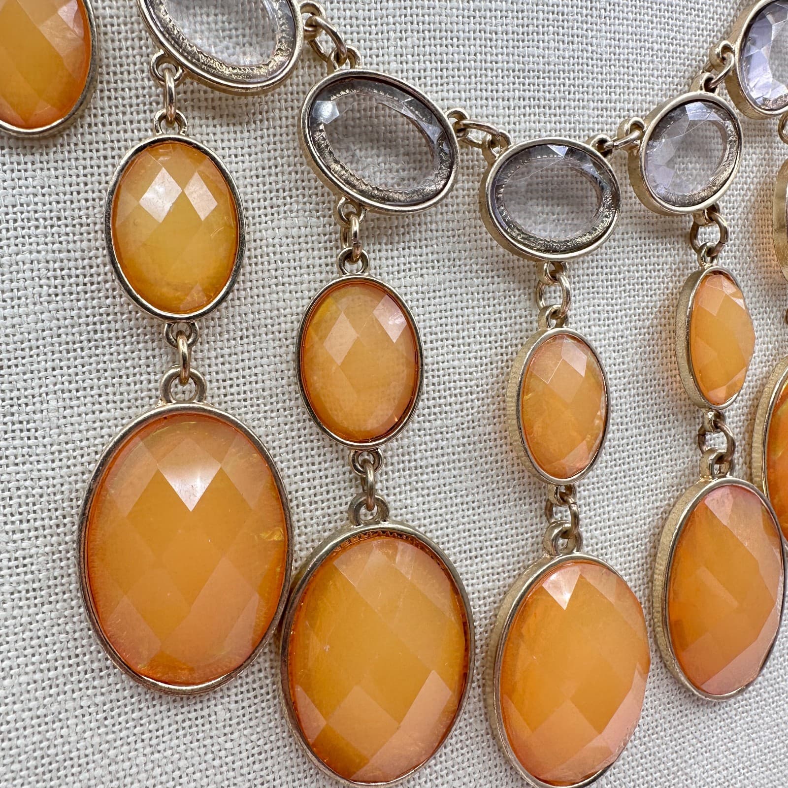 Vintage 90s Gold Tone Orange Clear Glass Bib Statement Necklace Boho Jewelry - Thumbnail 4