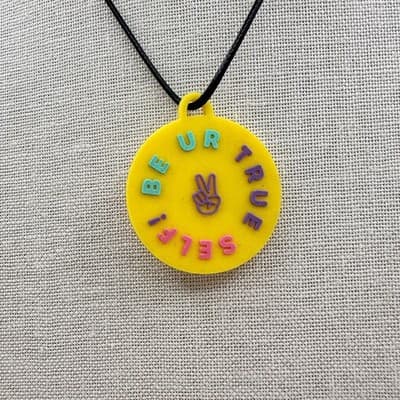Vintage 90s Be Ur True Self Peace Sign Necklace Yellow Rubber Novelty Jewelry - Thumbnail 3
