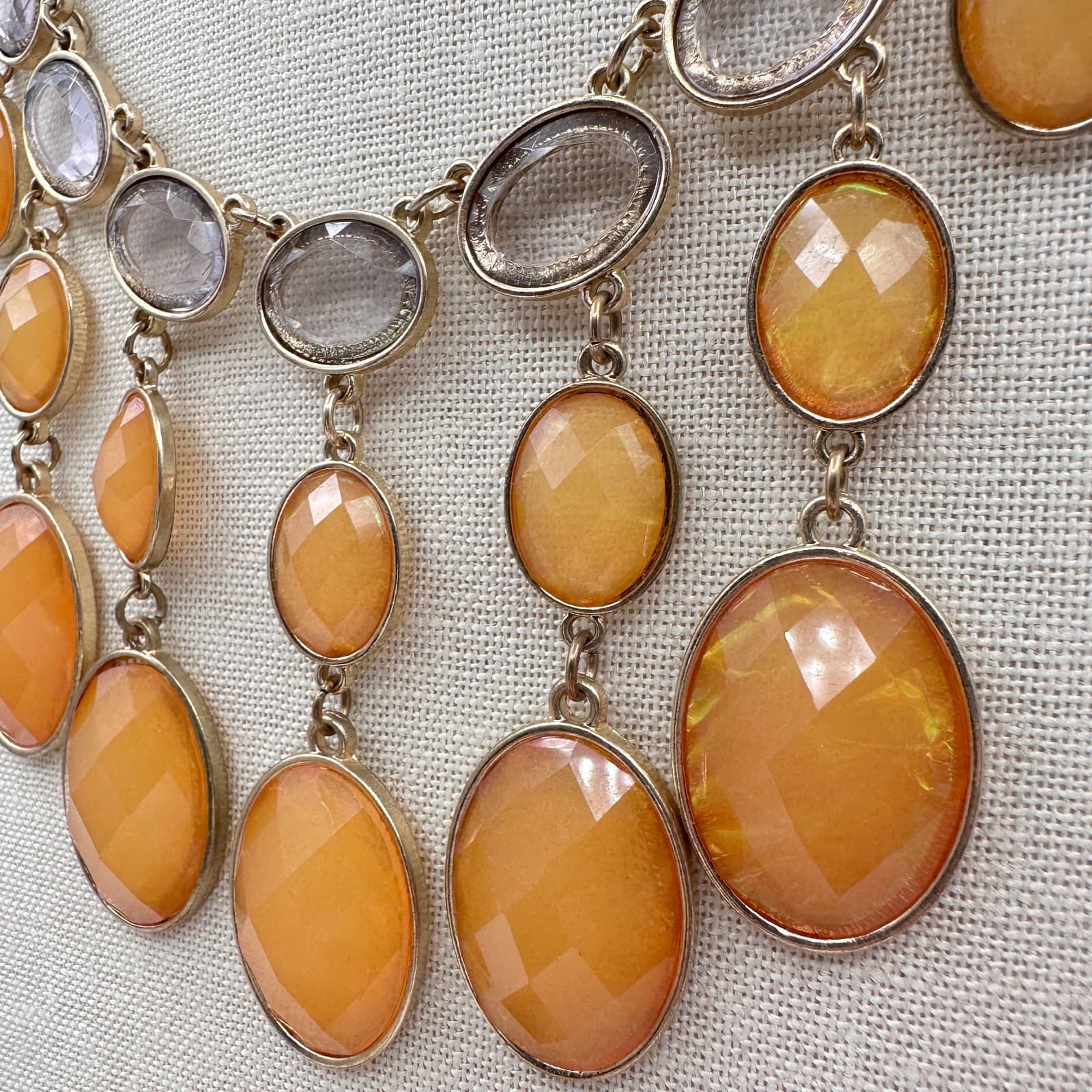 Vintage 90s Gold Tone Orange Clear Glass Bib Statement Necklace Boho Jewelry - Thumbnail 7