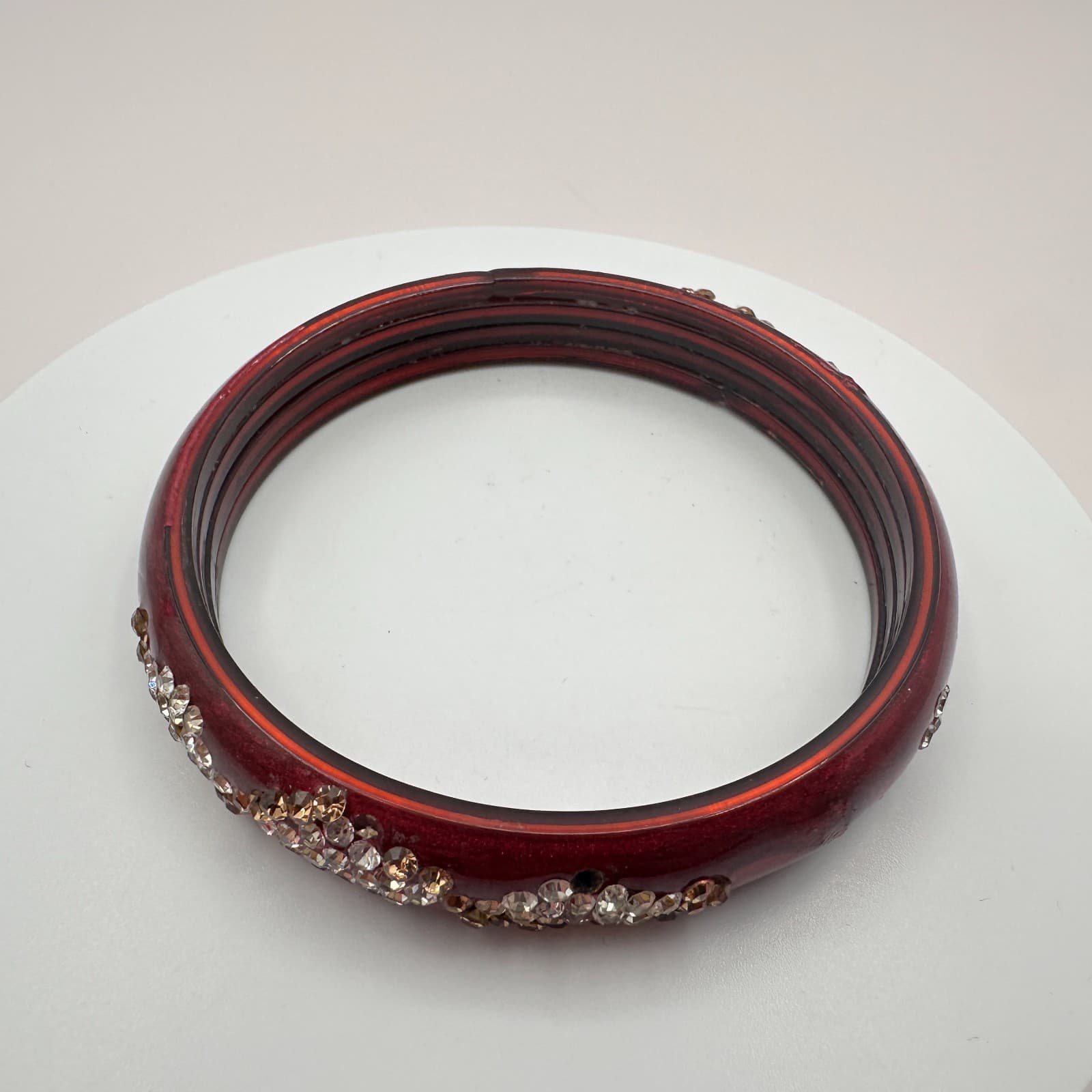 Vintage 80s Wide Maroon Glass Bangle Rhinestone Crystal Flower Cluster Jewelry - Thumbnail 6