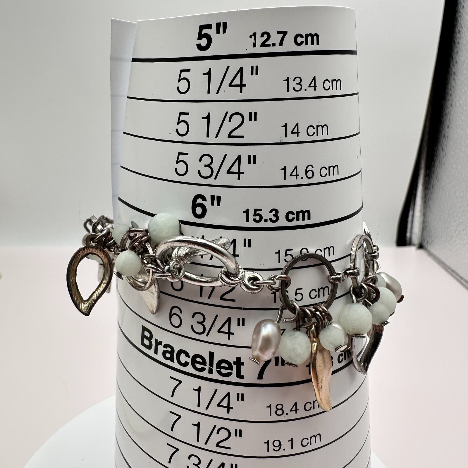 Vintage 90s Silver Tone Pearl Amazonite Charm Bracelet Classic Fashion Jewelry - Thumbnail 8