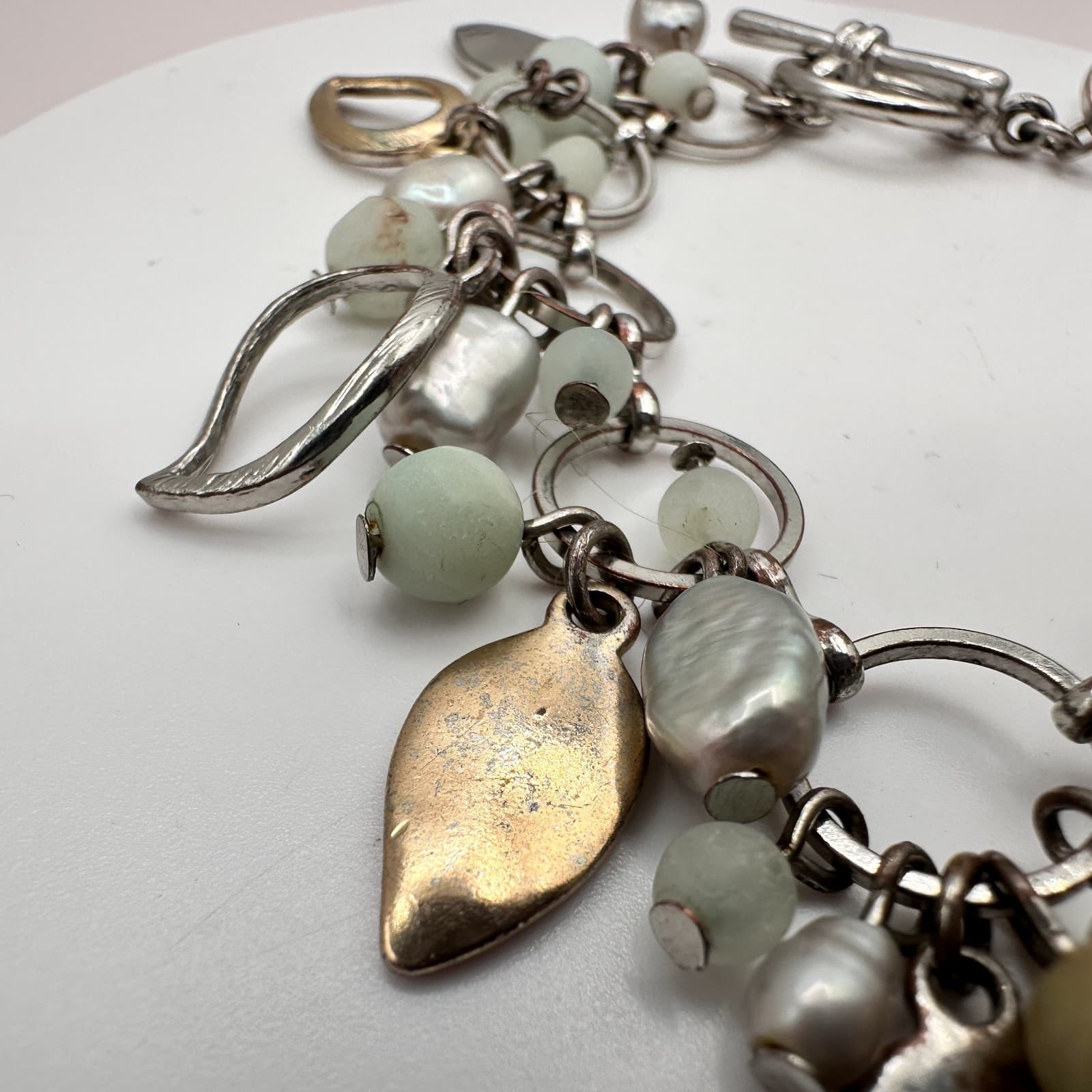 Vintage 90s Silver Tone Pearl Amazonite Charm Bracelet Classic Fashion Jewelry - Thumbnail 5