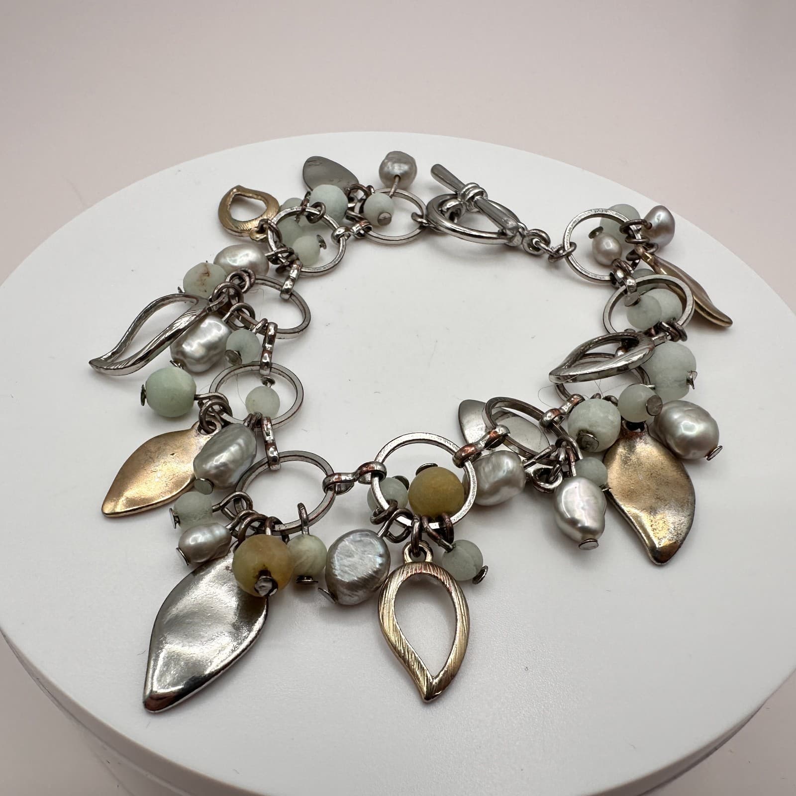 Vintage 90s Silver Tone Pearl Amazonite Charm Bracelet Classic Fashion Jewelry - Thumbnail 6