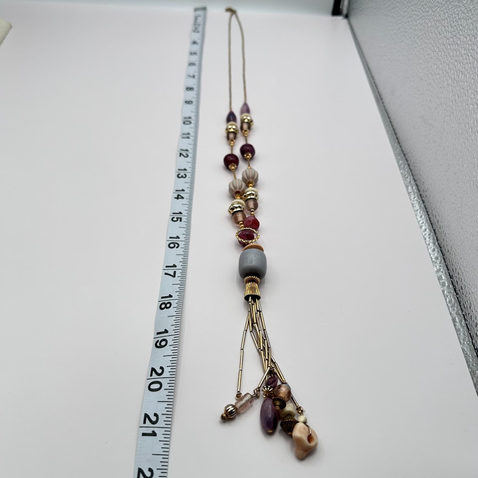 Vintage Y2K Beaded Tassel Pendant Necklace Gold Tone Women's Classic Jewelry - Thumbnail 11
