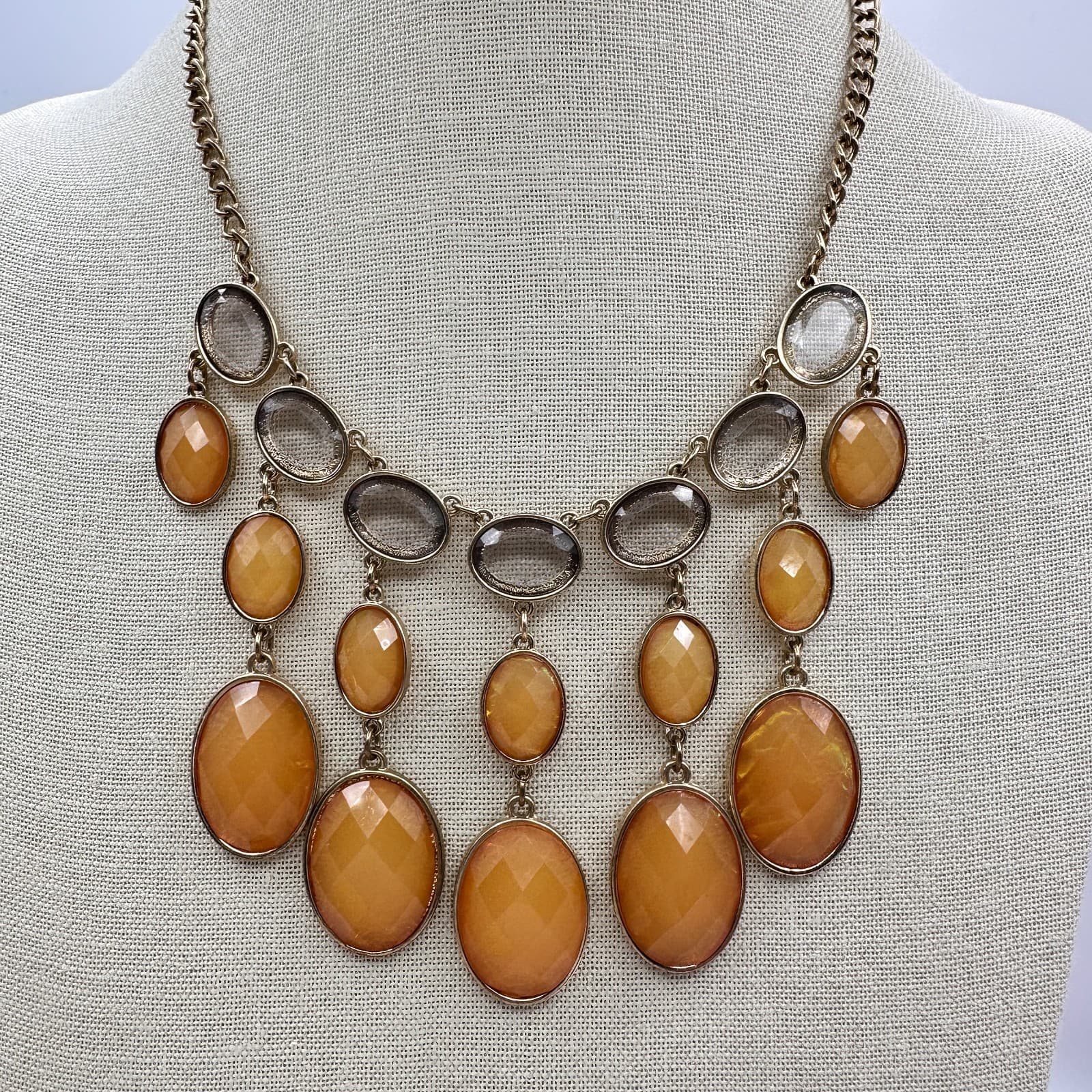 Vintage 90s Gold Tone Orange Clear Glass Bib Statement Necklace Boho Jewelry